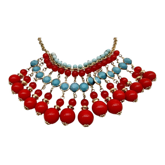 Vintage Jewelry Cascading Beaded Bib Gold Tone Red Blue Fringed Costume Necklace - Picture 3 of 9